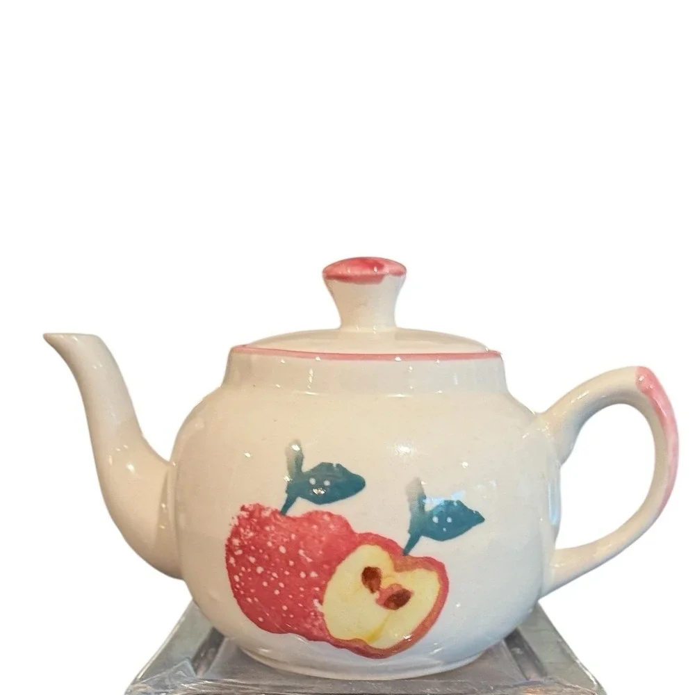 Hand Painted Ceramic Apple Teapot Cream with Pink Trim Cottagecore